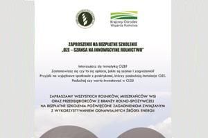 ZAPROSZENIE NA BEZPŁATNE SZKOLENIE „OZE – SZANSA NA INNOWACYJNE ROLNICTWO”