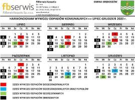 Harmonogram odbioru odpadów komunalnych od lipca do grudnia 2020 r.