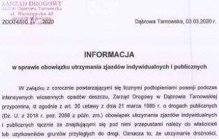 Informacja Zarządu Drogowego w Dąbrowie Tarnowskiej o obowiązku utrzymania zjazdów indywidualnych i publicznych przy drogach gminnych i powiatowych