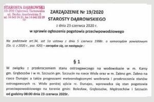 Zarządzenie Starosty Dąbrowskiego Nr 19/2020 dot. wprowadzenia pogotowia przeciwpowodziowego