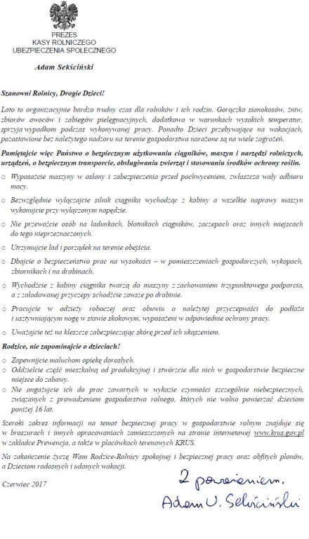 files/pliki/aktualnosci/2017/06czerwiec/List Prezesa KRUS - skierowany do rolnikow i dzieci/1.JPG