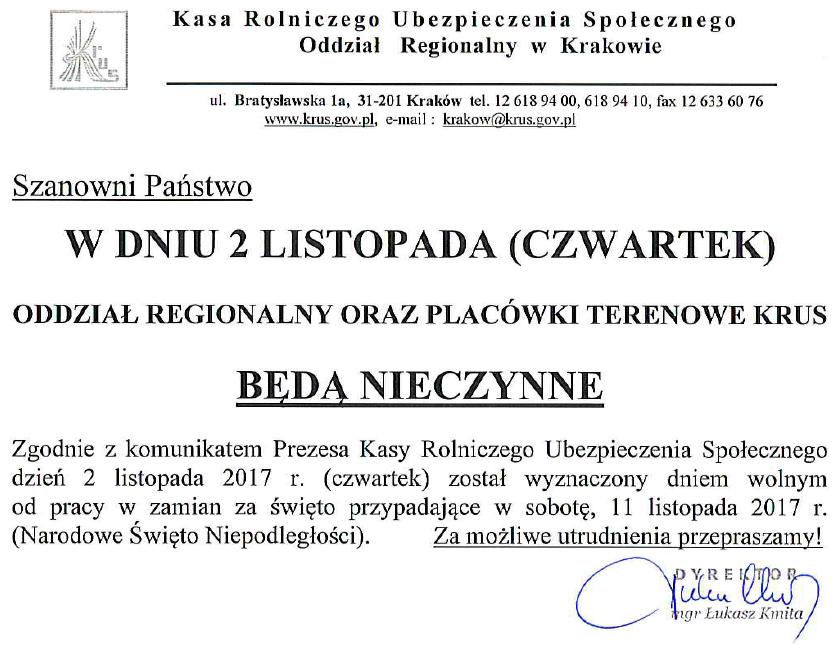 files/pliki/aktualnosci/2017/10pazdziernik/W dniu 2 listopada (czwartek) Oddzial Regionalny oraz Placowki T/Pismo KRUS.JPG