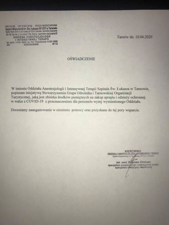 Oswiadczenie szpitala sw. Lukasza w Tarnowie.jpeg