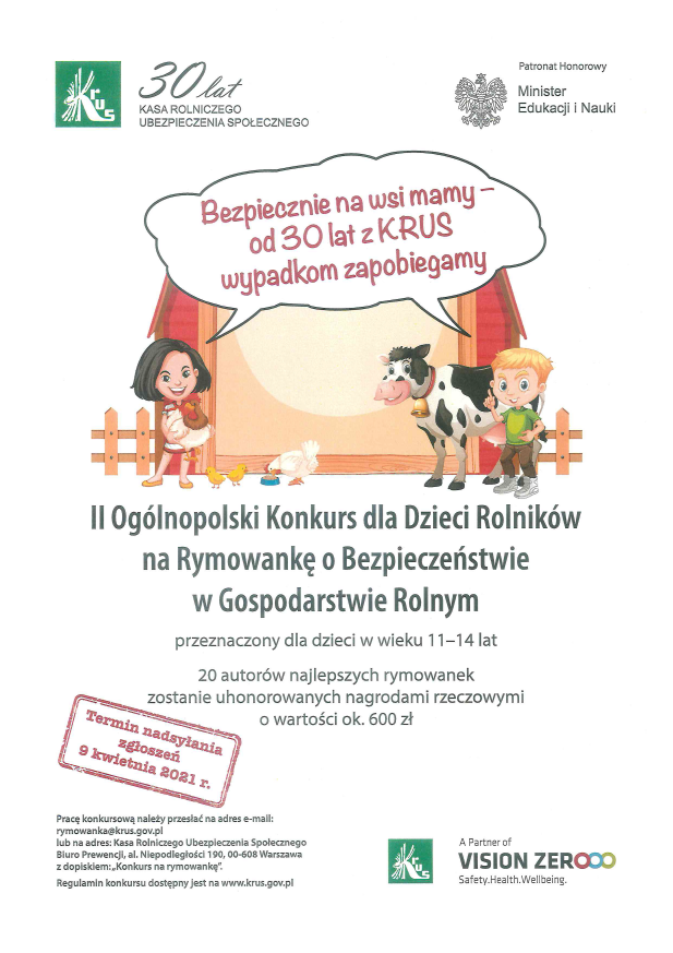 Plakat konkursu Bezpiecznie na wsi mamy - od 30 lat z KRUS wypadkom zapobiegamy
