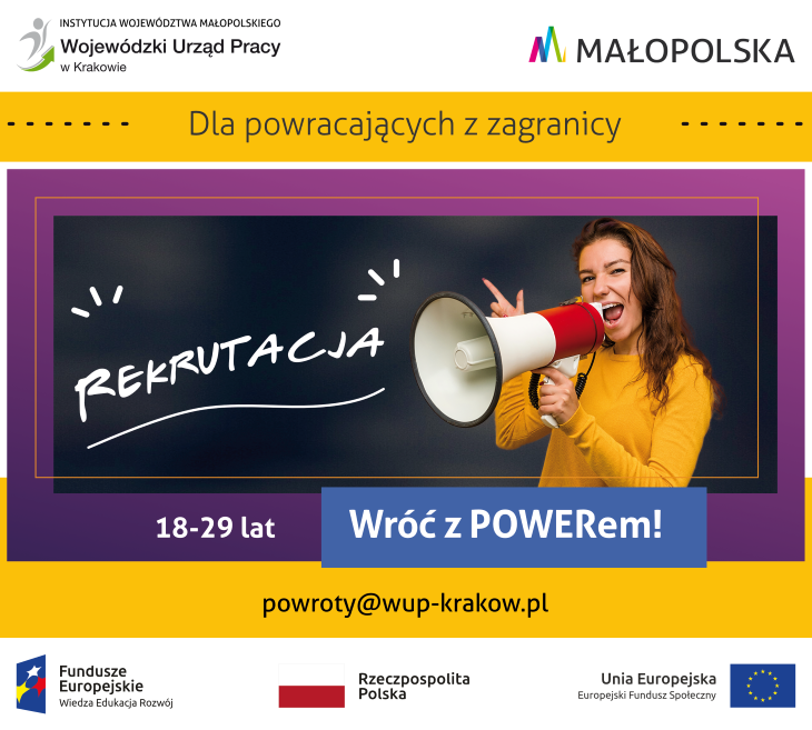 Plakat rekrutacja wróć z POWEREM dziewczyna z megafonem