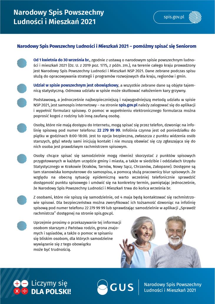 Plakat pomóżmy spisać się seniorom informacje i zdjęcie seniorów