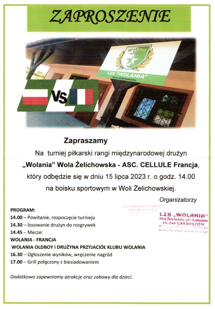 Zaproszenie na turniej w Woli Żelichowskiej