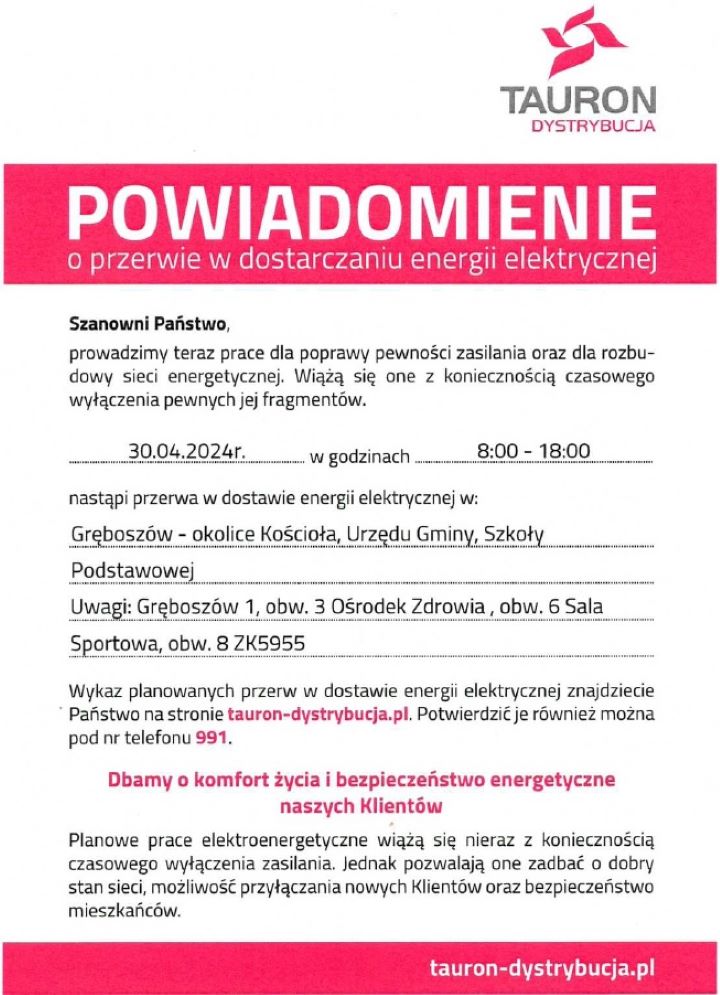 Powiadomienie o przerwie w dostawie energii elektrycznej