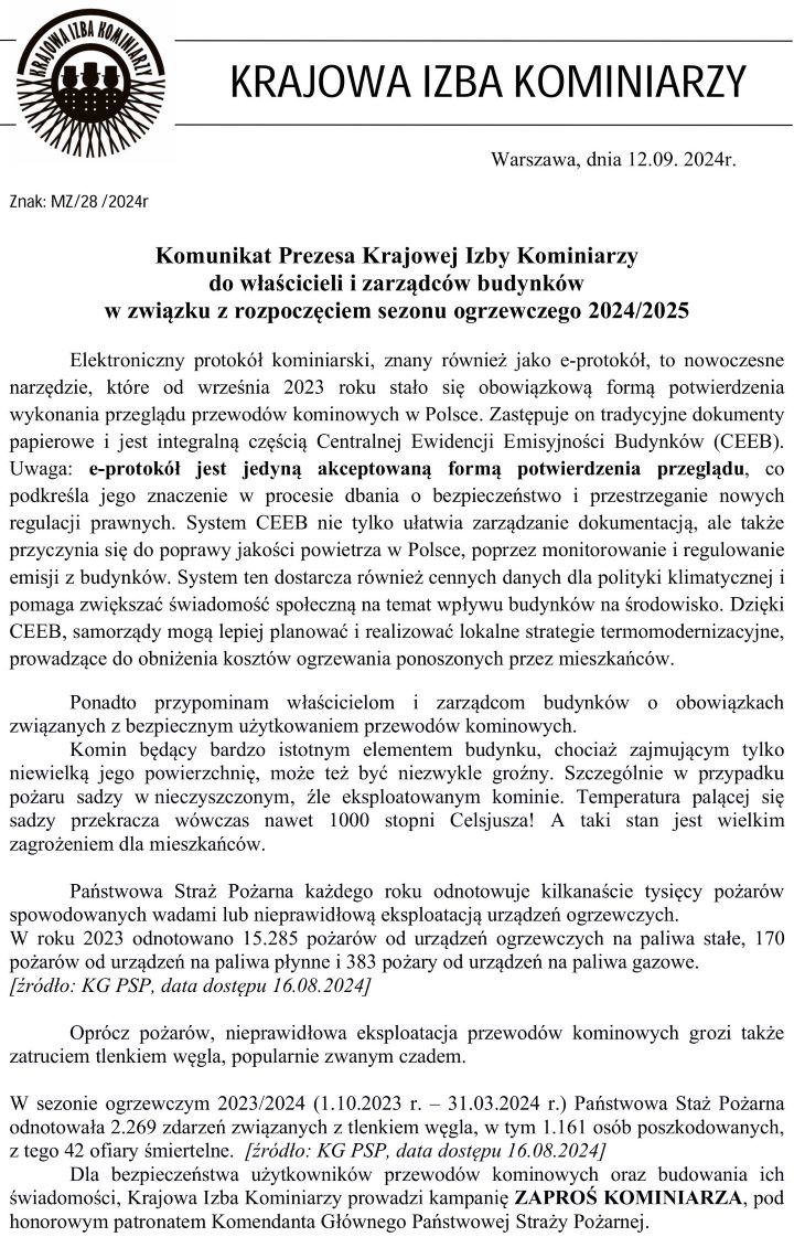 Komunikat Prezesa Krajowej Izby Kominiarzy 1