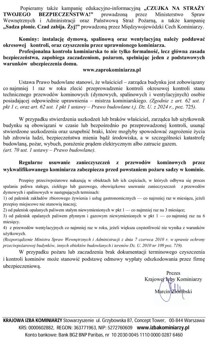 Komunikat Prezesa Krajowej Izby Kominiarzy 2