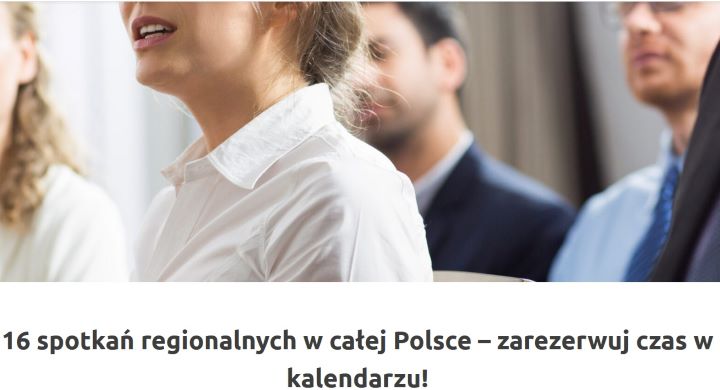 Plakat cykl 16 spotkań regionalnych w całej Polsce